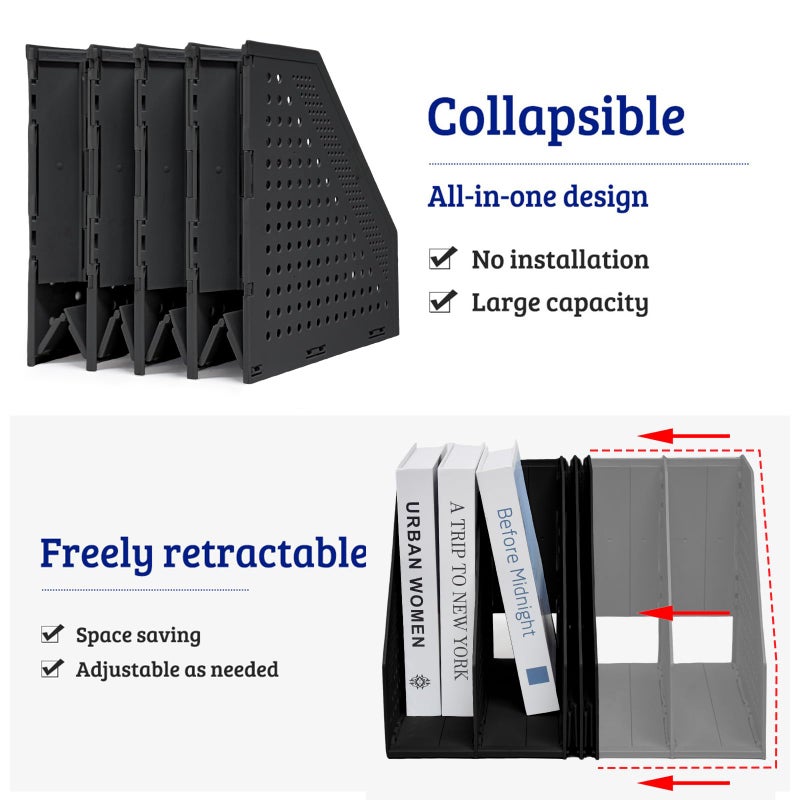 SAYEEC Collapsible Magazine Holder Plastic Desktop 4 Compartment File Rack Magazine Organizer Vertical File Divider Sorter Storage Document Organizer for Office Home School Black - Image 3